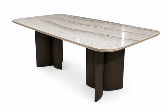 Onix Seramik Masa perspektif görünüm, açık renk seramik tabla ve koyu renk özel ayak tasarımı