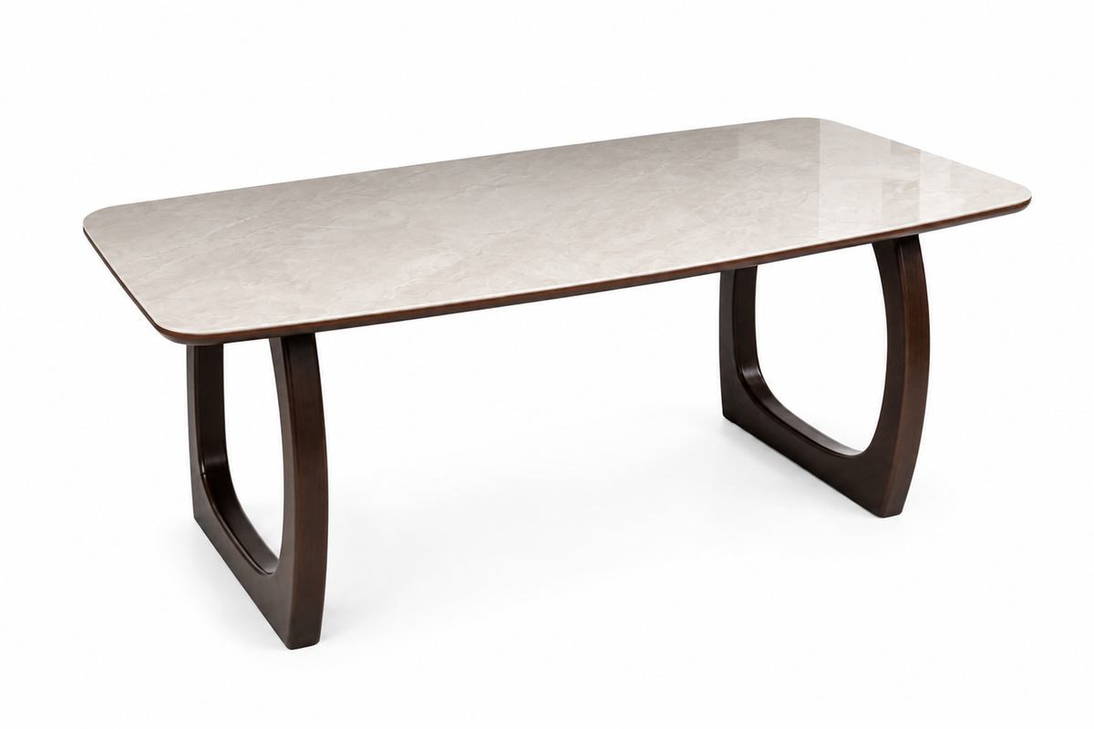Swan Bone modern seramik yemek masası perspektif görünüm, parlak açık renk tabla ve koyu ceviz kavisli ayaklar