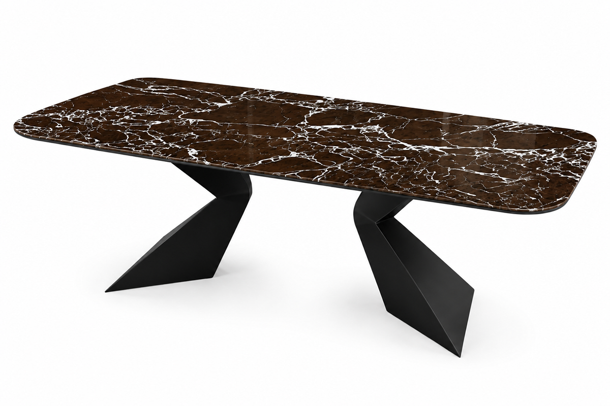 Tosca Elazığ Vişne modern seramik yemek masası perspektif görünüm ve geometrik siyah metal ayaklar