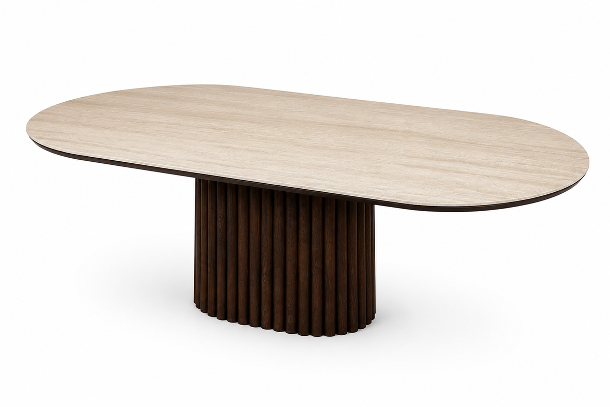 Traverten İvory modern seramik yemek masası perspektif görünüm, oval tabla ve dikey çıtalı ahşap ayak